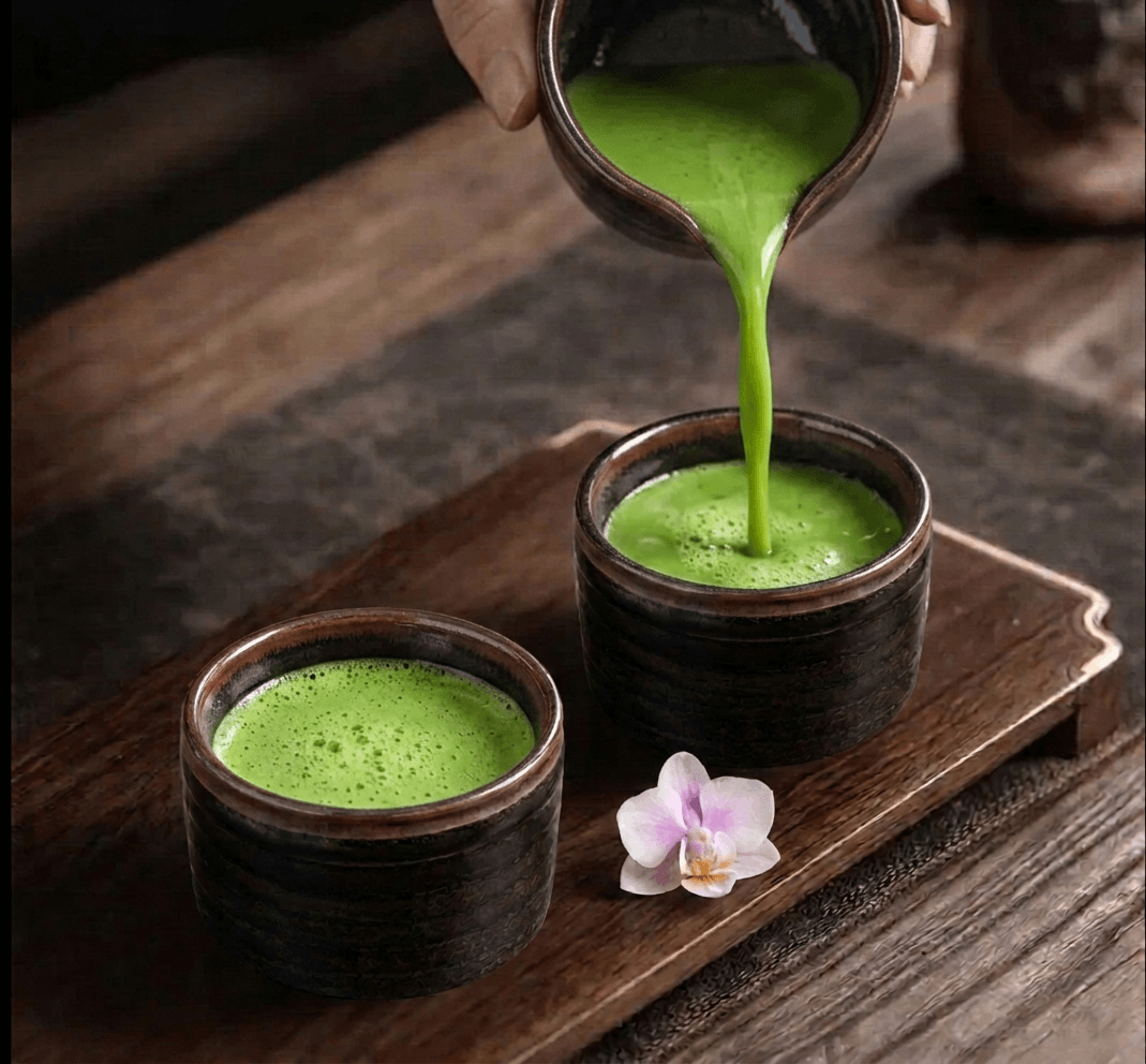 Green matcha tea being poured from a dark ceramic pitcher into two matching dark ceramic cups on a wooden tray, with a small pink orchid flower nearby.