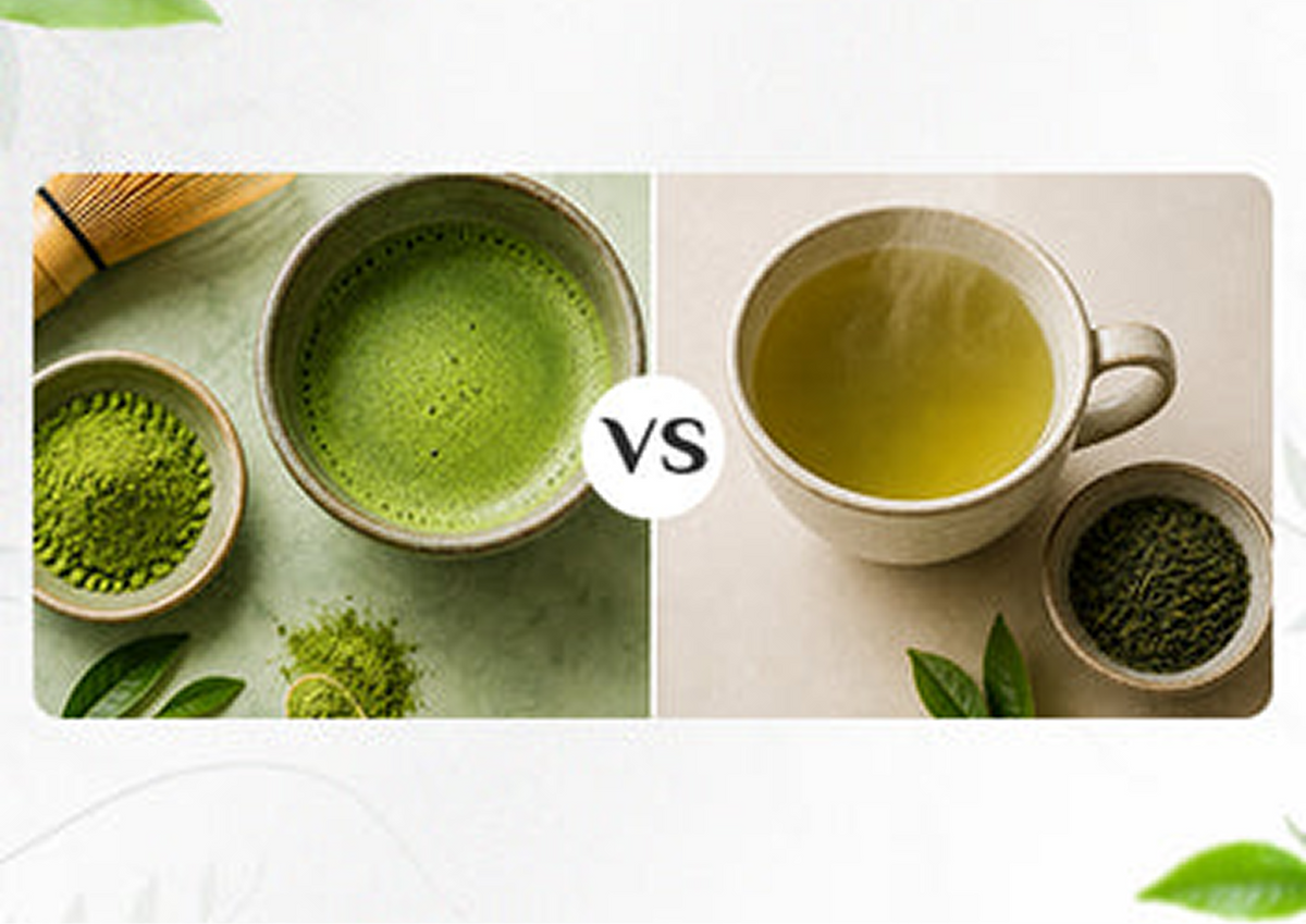Matcha and brewed green tea side by side with matcha powder, loose leaves, and a bamboo whisk