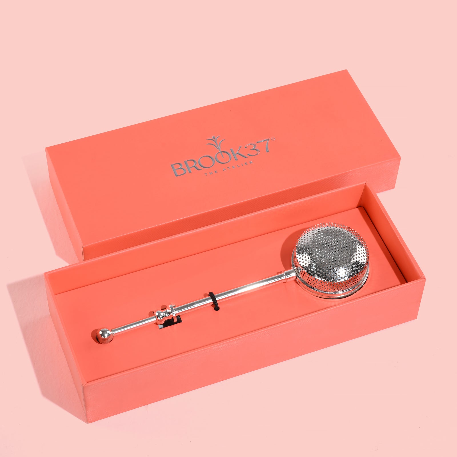 Silver plated tea infuser in premium gift box open presentation Brook37