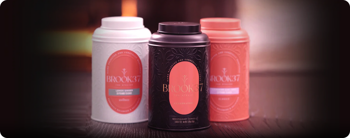 Luxury Brook 37 Tea cans placed on a display table
