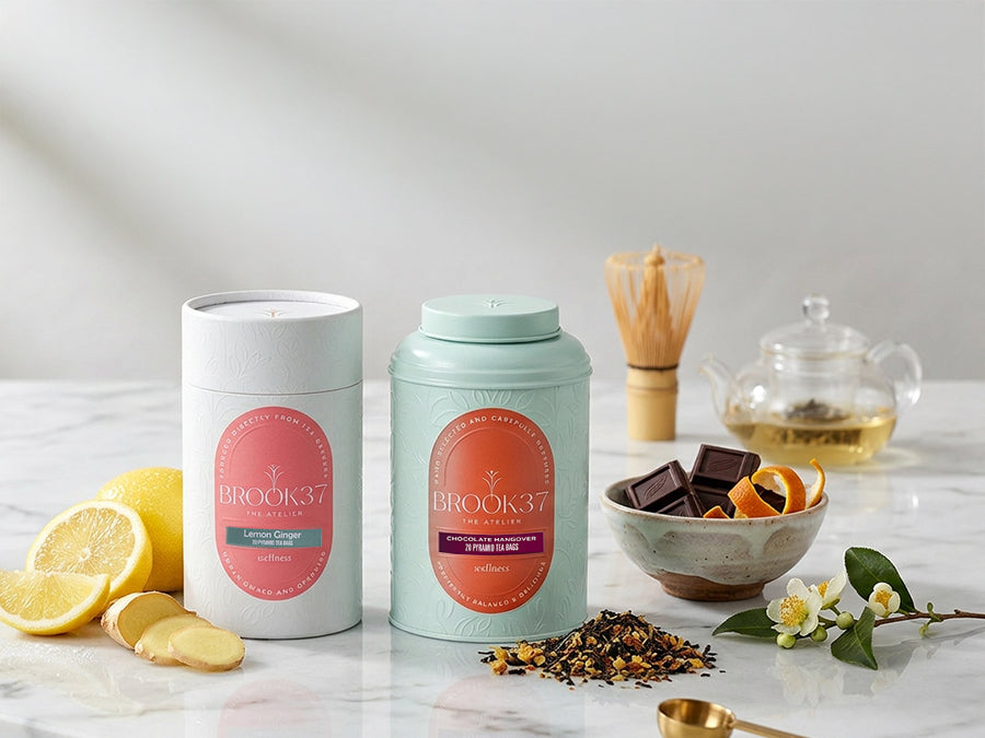 Brook37 premium tea tins with lemon ginger and herbal blends