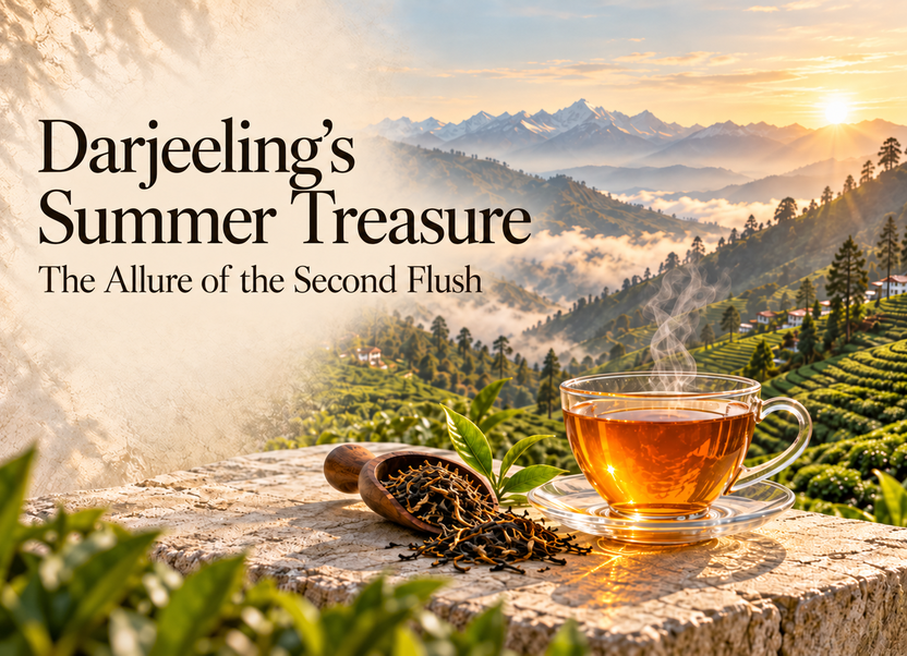 A scenic promotional graphic for Darjeeling tea with a clear glass cup of amber tea on a stone surface, a wooden scoop of loose tea leaves, and a misty mountain landscape in the background. Large text reads 'Darjeeling's Summer Treasure' and 'The Allure of the Second Flush' with 'By Ketan Desai'.