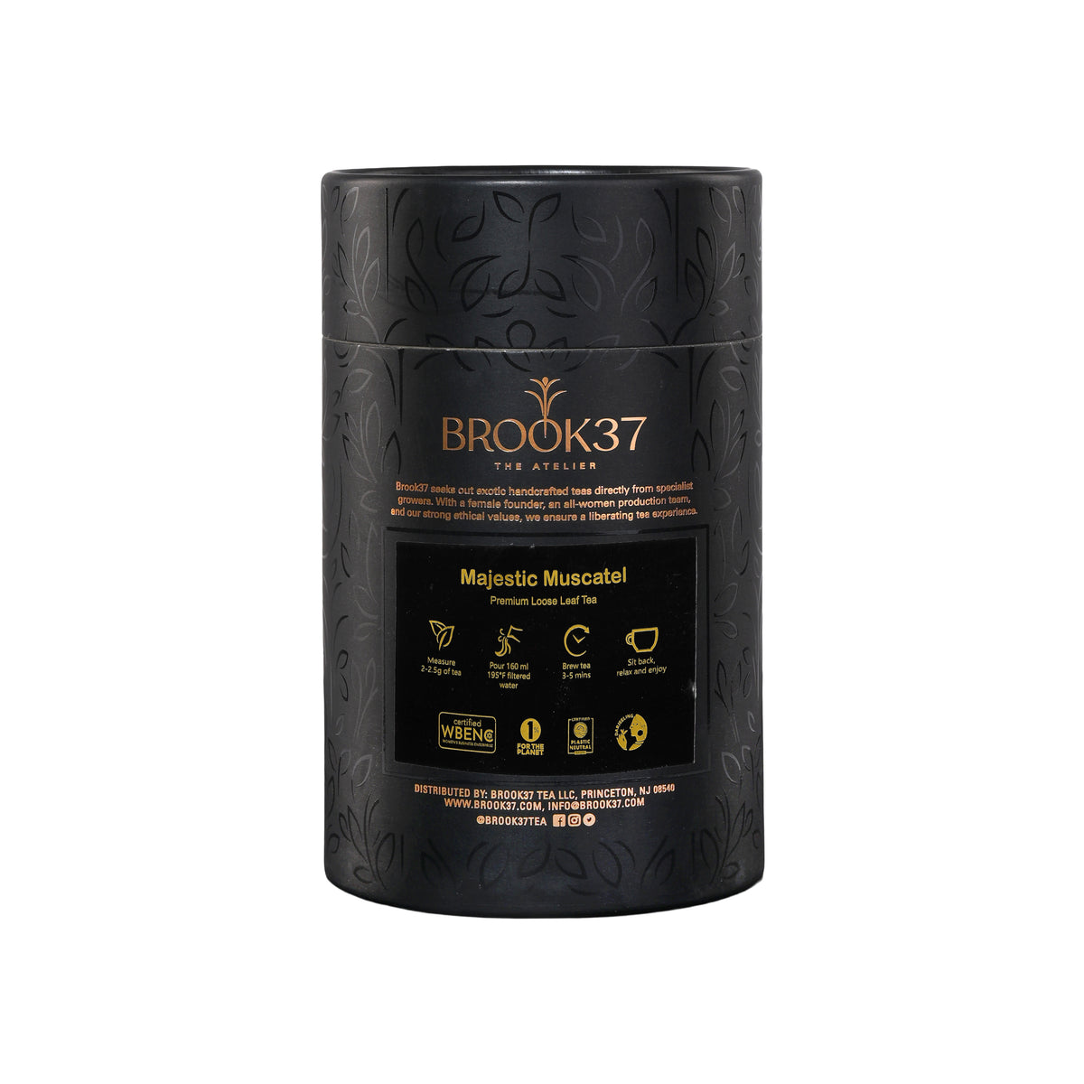 Brook37 The Atelier Majestic Muscatel premium loose leaf tea in a matte black cylindrical tin with gold lettering and subtle embossed floral patterns, shown on a plain white background.