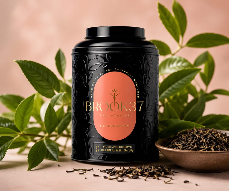 Brook37 premium black tea tin displayed with loose tea leafs